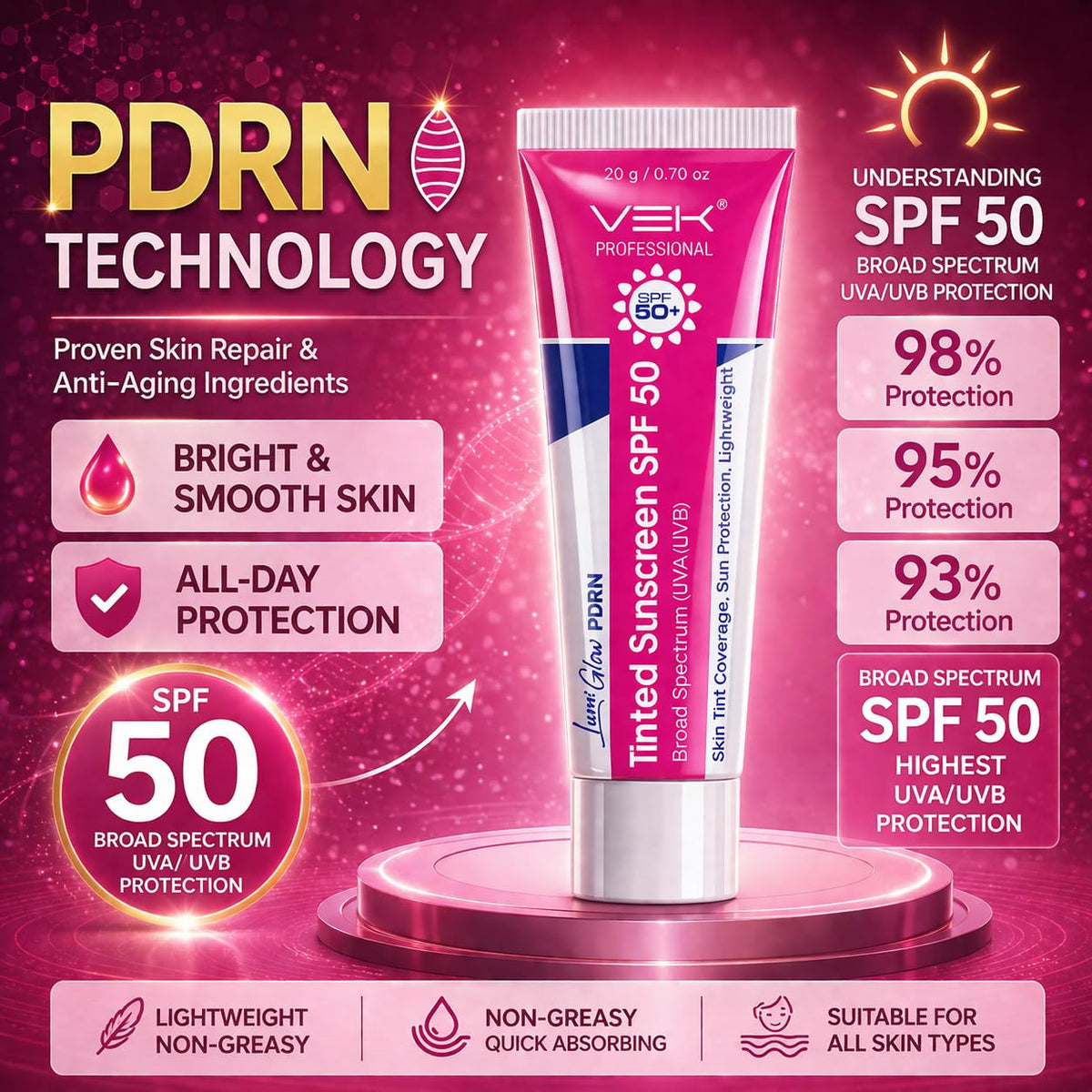 Tinted sunscreen SPF 50 with PDRN technology on a pink background