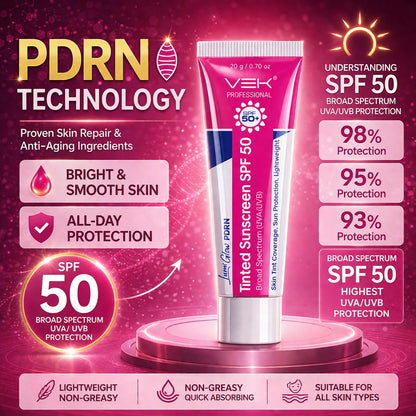 Tinted sunscreen SPF 50 with PDRN technology on a pink background