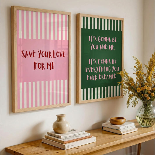 Aesthetic Quote Wall Art Set of 2 Framed Paintings | Pink Green Striped Typography Poster | Couple Bedroom Living Room Home Décor (Art 5, 10x13 Inches)