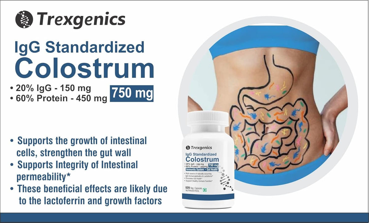 Trexgenics IgG Standardized Colostrum supplement packaging with diagram of intestines on a white background
