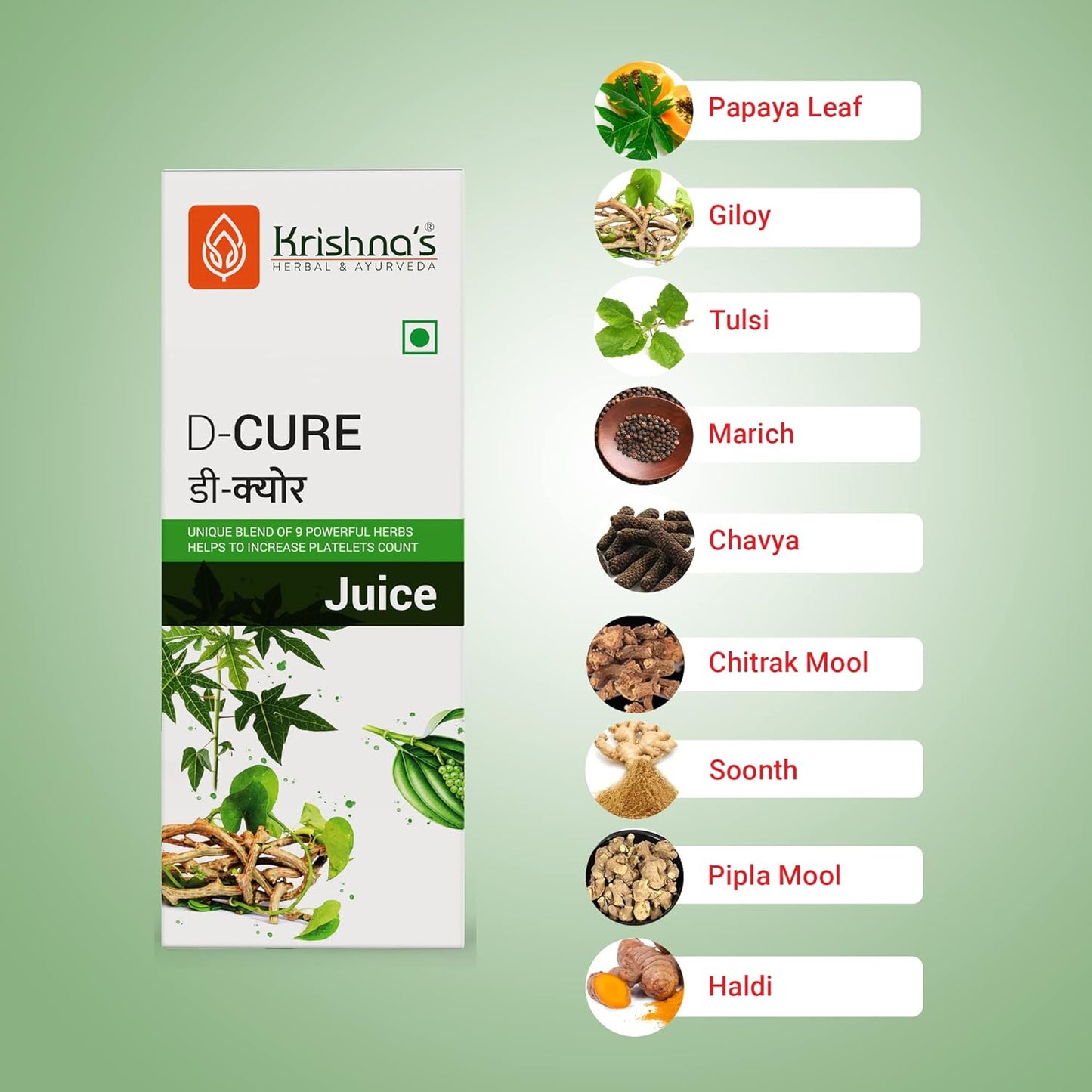 KRISHNA'S HERBAL & AYURVEDA D Cure Juice -500 Ml|Support For Blood Platelets Count|Papaya Leaf,Giloy,Tulsi,Pipar,Pipla Mool,Chavya,Chitrak,Sounth,Haldi|Detoxifies&Rejuvenates Body