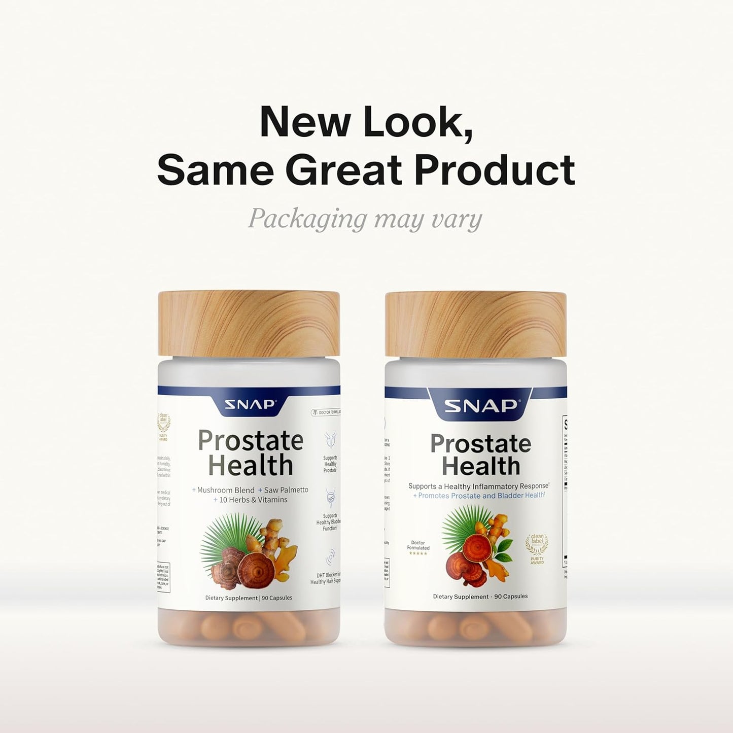 Two bottles of SNAP Prostate Health supplements on a white background with text indicating 'New Look, Same Great Product'.