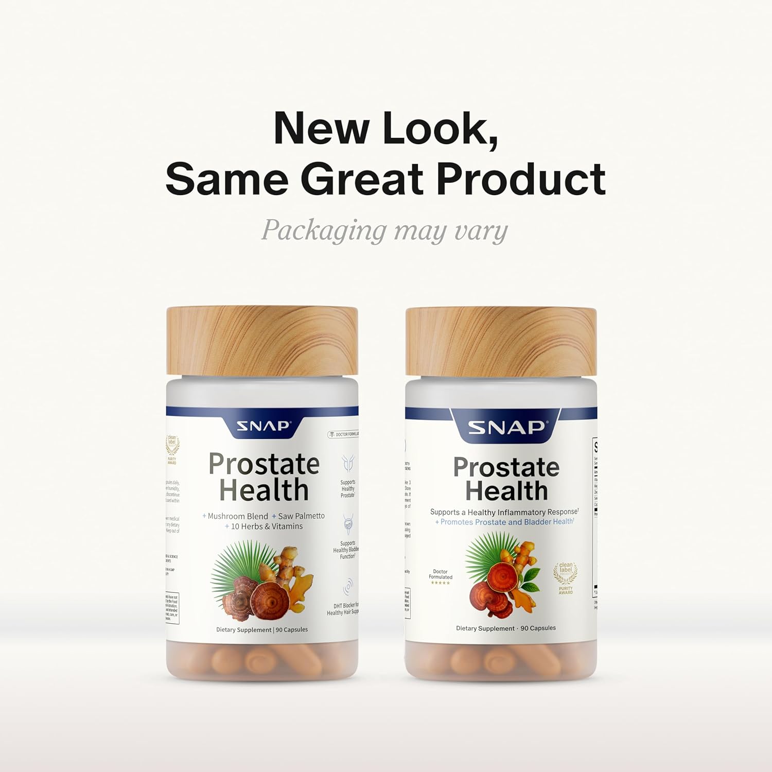 Two bottles of SNAP Prostate Health supplements on a white background with text indicating 'New Look, Same Great Product'.