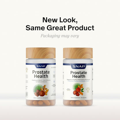 Two bottles of SNAP Prostate Health supplements on a white background with text indicating 'New Look, Same Great Product'.
