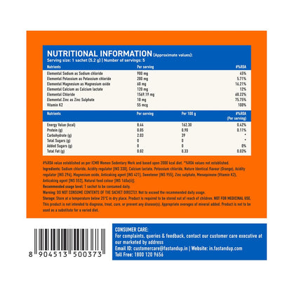 Fast&Up Reload Salts | High Sodium Electrolyte Drink Mix | 900mg Sodium | Zero Sugar, Zero Calories| 5 Electrolytes - Potassium, Magnesium, Calcium & Chloride | Instant Hydration | Vegan, No Preservatives | (5 Sachets, Orange)