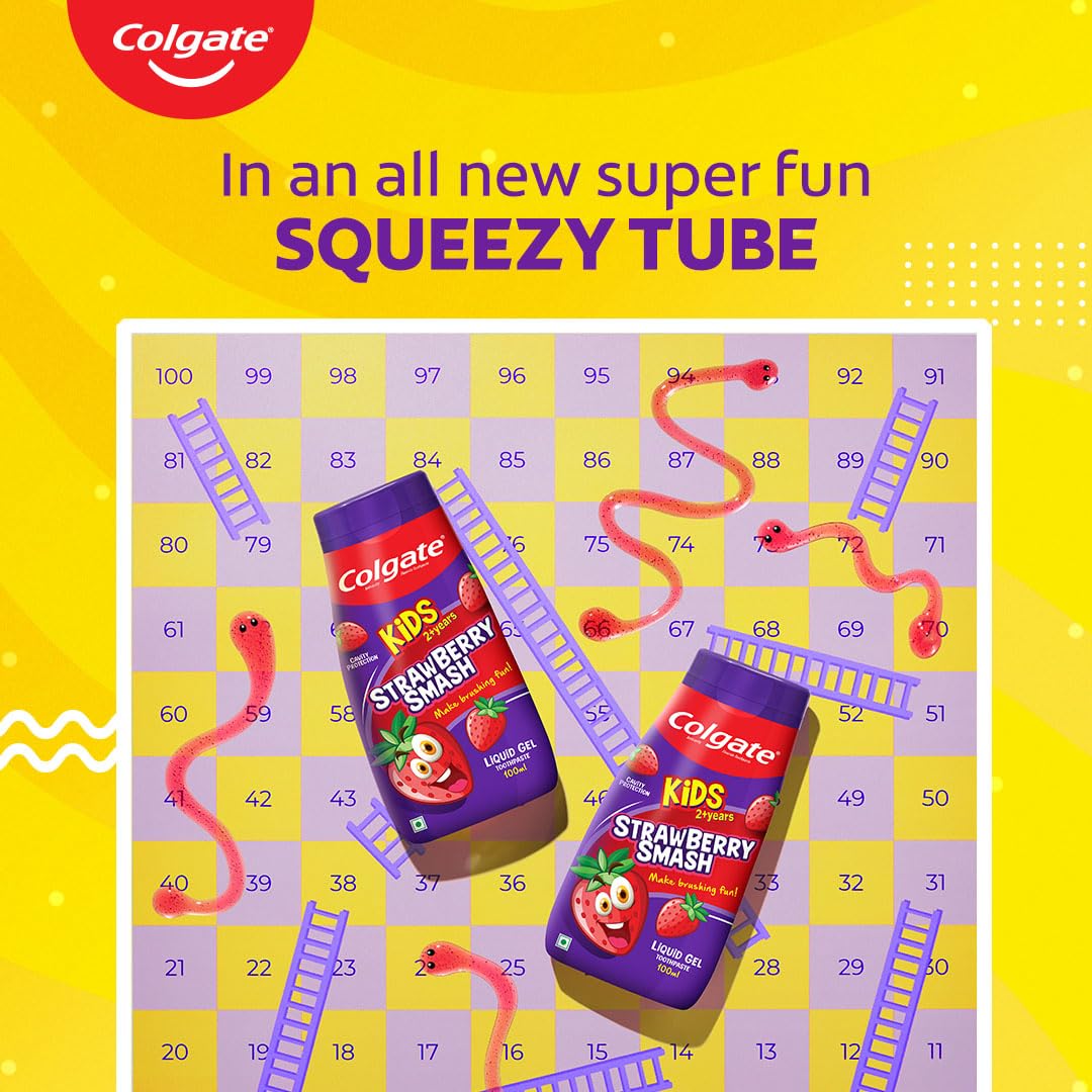 Colgate Kids Toothpaste in a Fun Squeezy Bottle, Strawberry Flavor Gel Tooth Paste, Easy-Grip & Makes Brushing Fun, Cavity Protection, Safe for Kids, Paraben/Gluten-Free, Vegan, Age 2-6yrs, 100ml