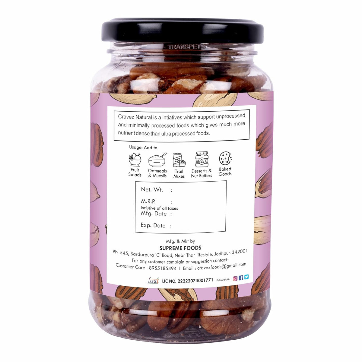 cravez Natural Usa Pecan Nuts (Grade A ++ Nuts, Premium Size, Imported) - Excellent Source Of Phenolic Antioxidant - Packed In Reusable Premium Jar - Dried
