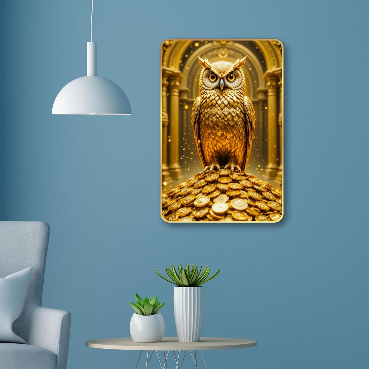 Golden Owl Sitting on Coins | Vastu Painting for Wealth & Prosperity | Golden Decorative Owl Wall Décor for Home & Office (Style-03, 12x18 inch)