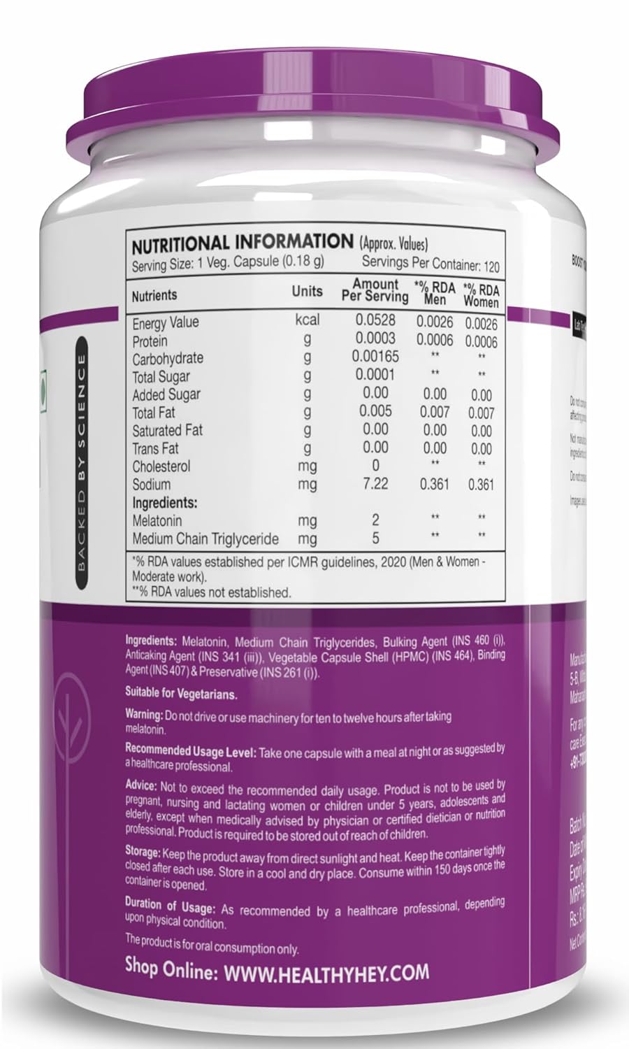 Nutritional information label on a supplement container with a purple lid and white body.