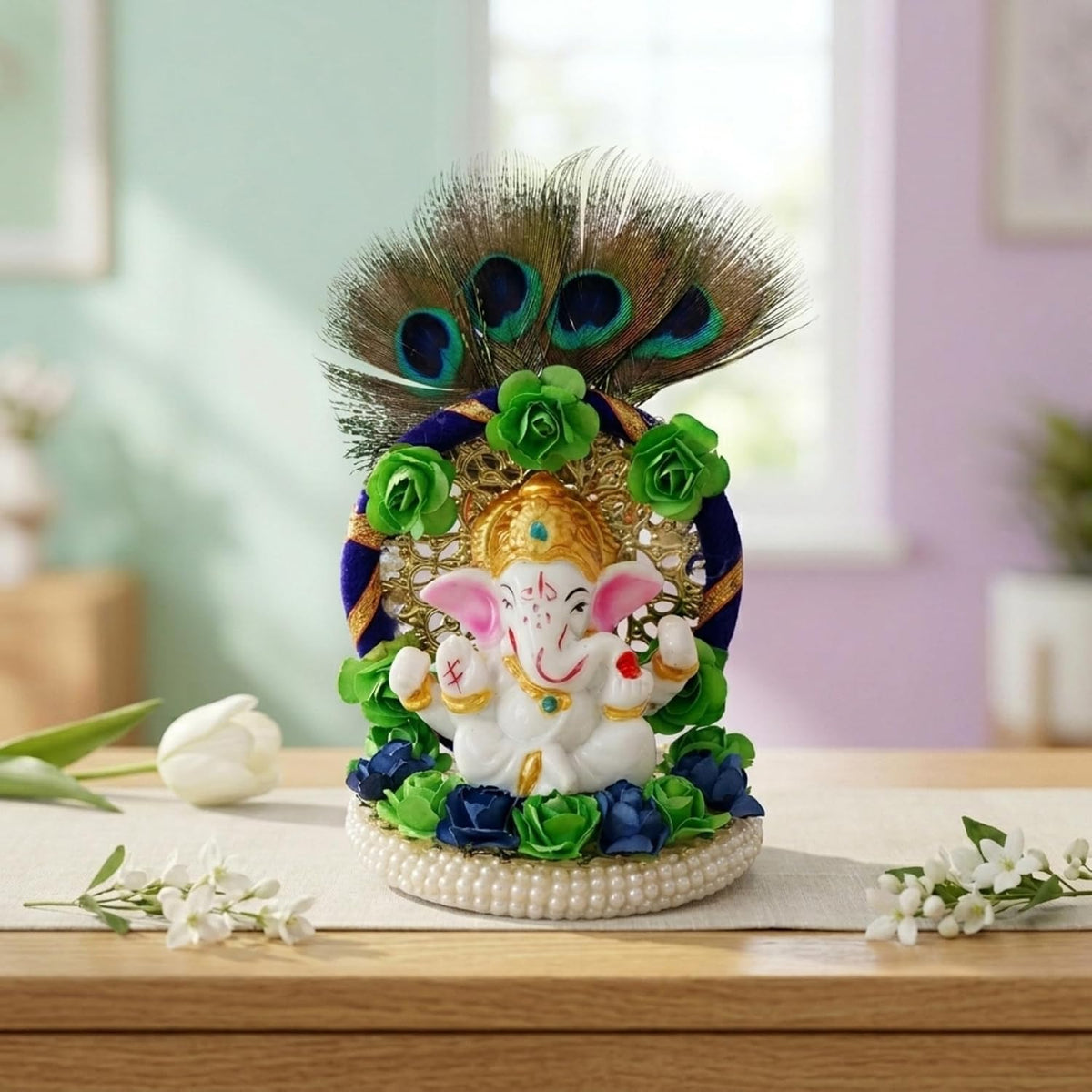 Resin Handcrafted Lord Ganesha Idol on Peacock Feather Floral Designer Plate, Divine Home Decor for Pooja Room, Car Dashboard | Gift for Diwali, Ganesh Chaturthi, Spiritual Enthusiasts