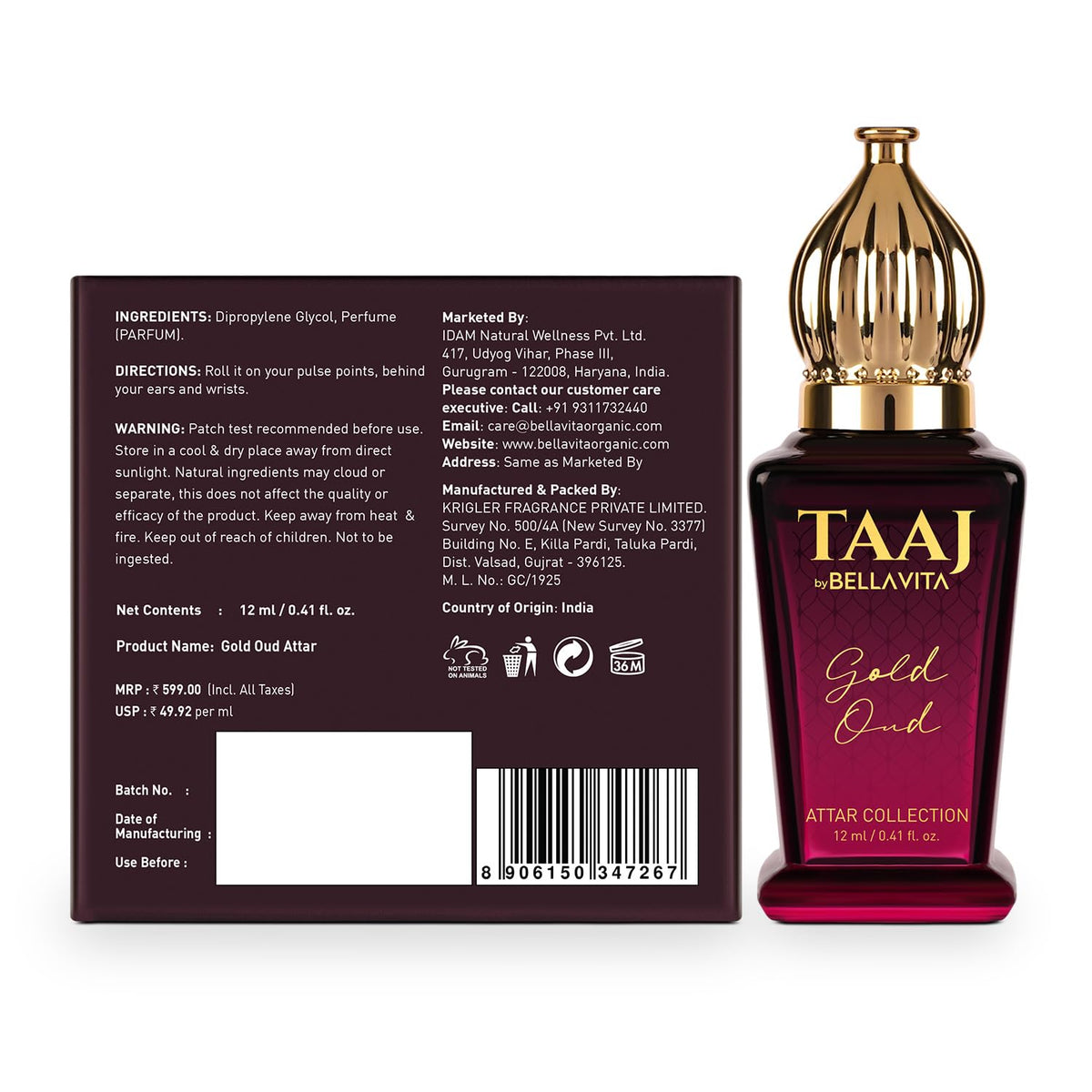TAAJ by Bellavita Gold Attar bottle with its label on a white background