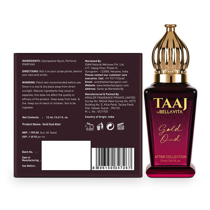 TAAJ by Bellavita Gold Attar bottle with its label on a white background