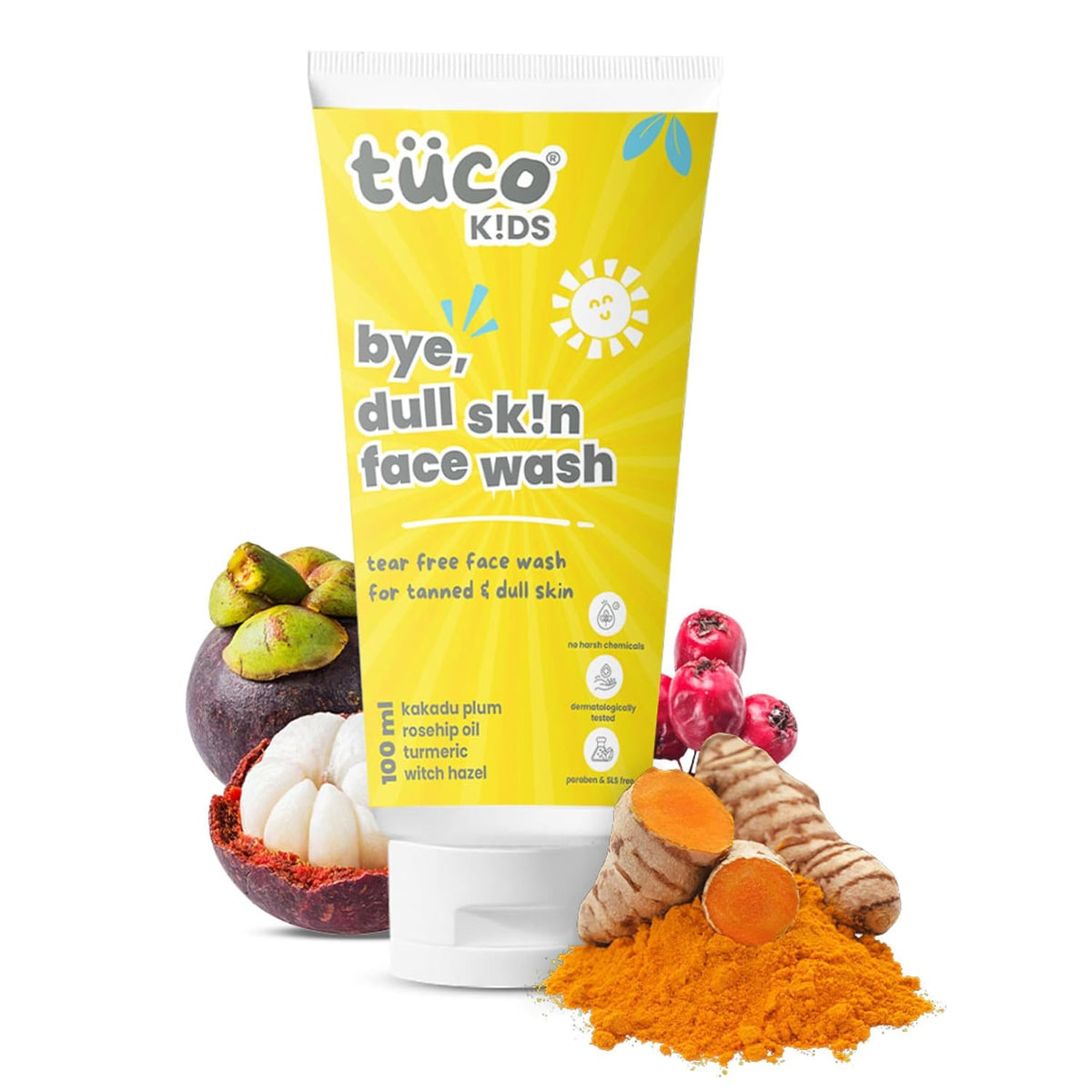 Tube of tuço Kids face wash with natural ingredients displayed on a white background