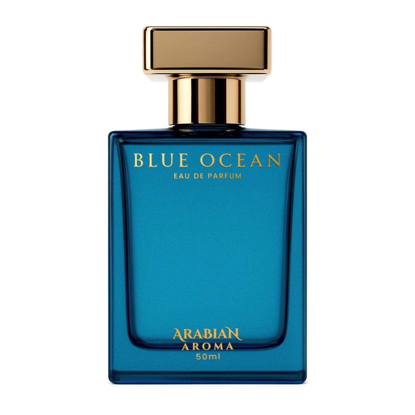 Blue perfume bottle labeled 'Blue Ocean' by Arabian Aroma on a white background