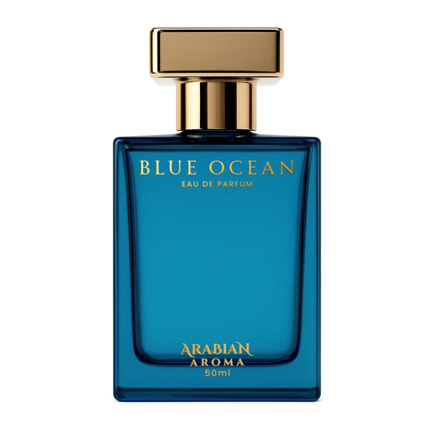 Blue perfume bottle labeled 'Blue Ocean' by Arabian Aroma on a white background