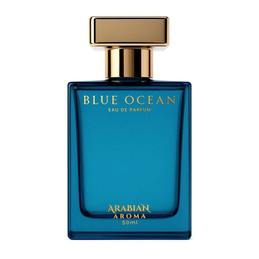 Blue perfume bottle labeled 'Blue Ocean' by Arabian Aroma on a white background