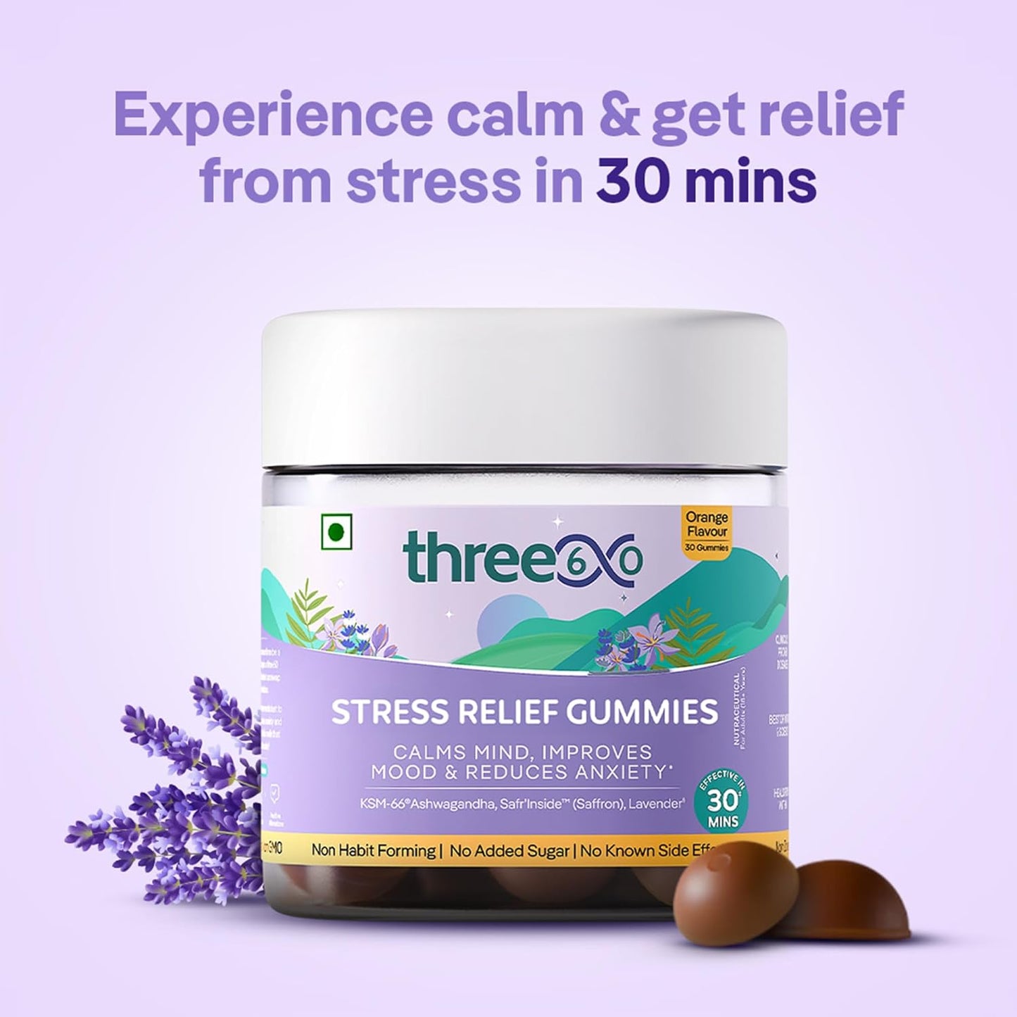 three60 STRESS RELIEF Gummies |Reduces Stress & Cortisol Levels |Helps in Anxiety Relief & Calms Mind |KSM-66® Ashwagandha, Safr’InsideTM (Saffron), Lavender|Non-Habit Forming|30 Stress Relief Gummies