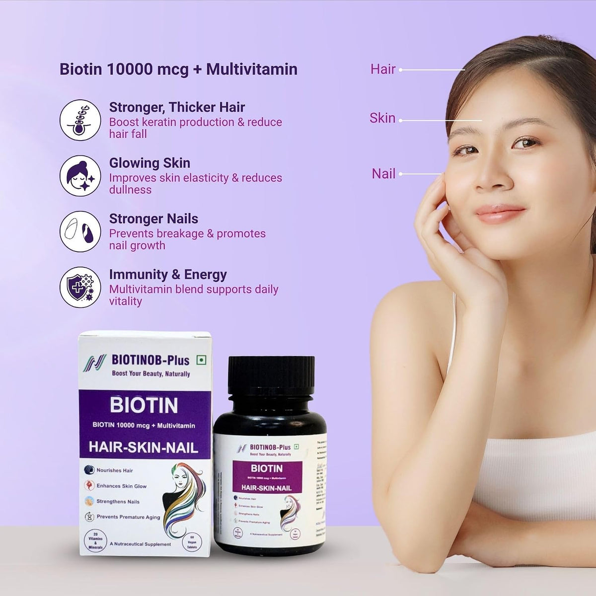 Biotinob-Plus Biotin 10000 mcg Tablets with Multivitamins for Hair, Skin & Nails – Supports Hair Growth, Strong Nails & Glowing Skin – Biotin Supplement for Men & Women – 60 Veg Tablets