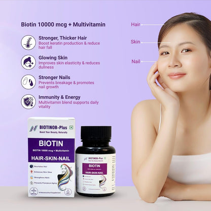 Biotinob-Plus Biotin 10000 mcg Tablets with Multivitamins for Hair, Skin & Nails – Supports Hair Growth, Strong Nails & Glowing Skin – Biotin Supplement for Men & Women – 60 Veg Tablets