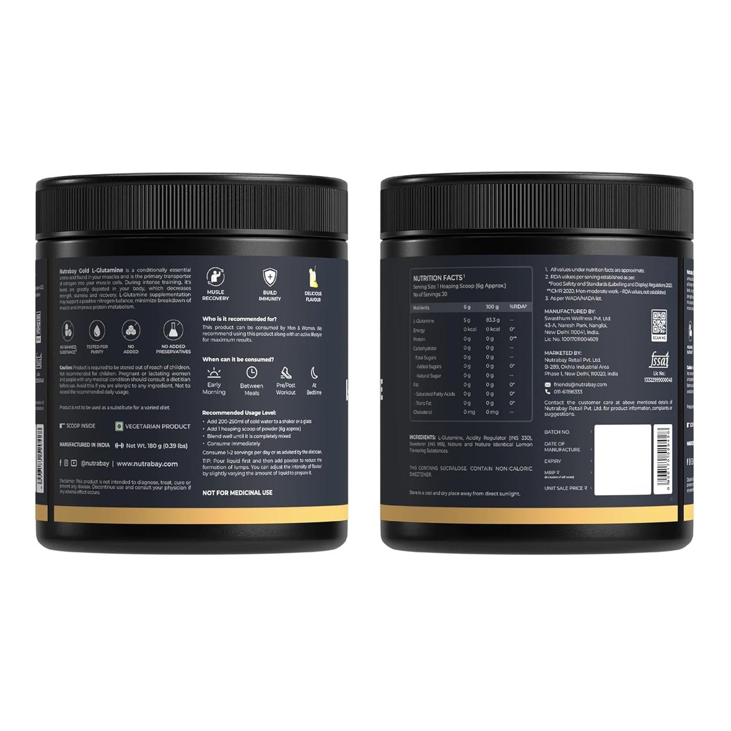 Two black containers with labels on a white background