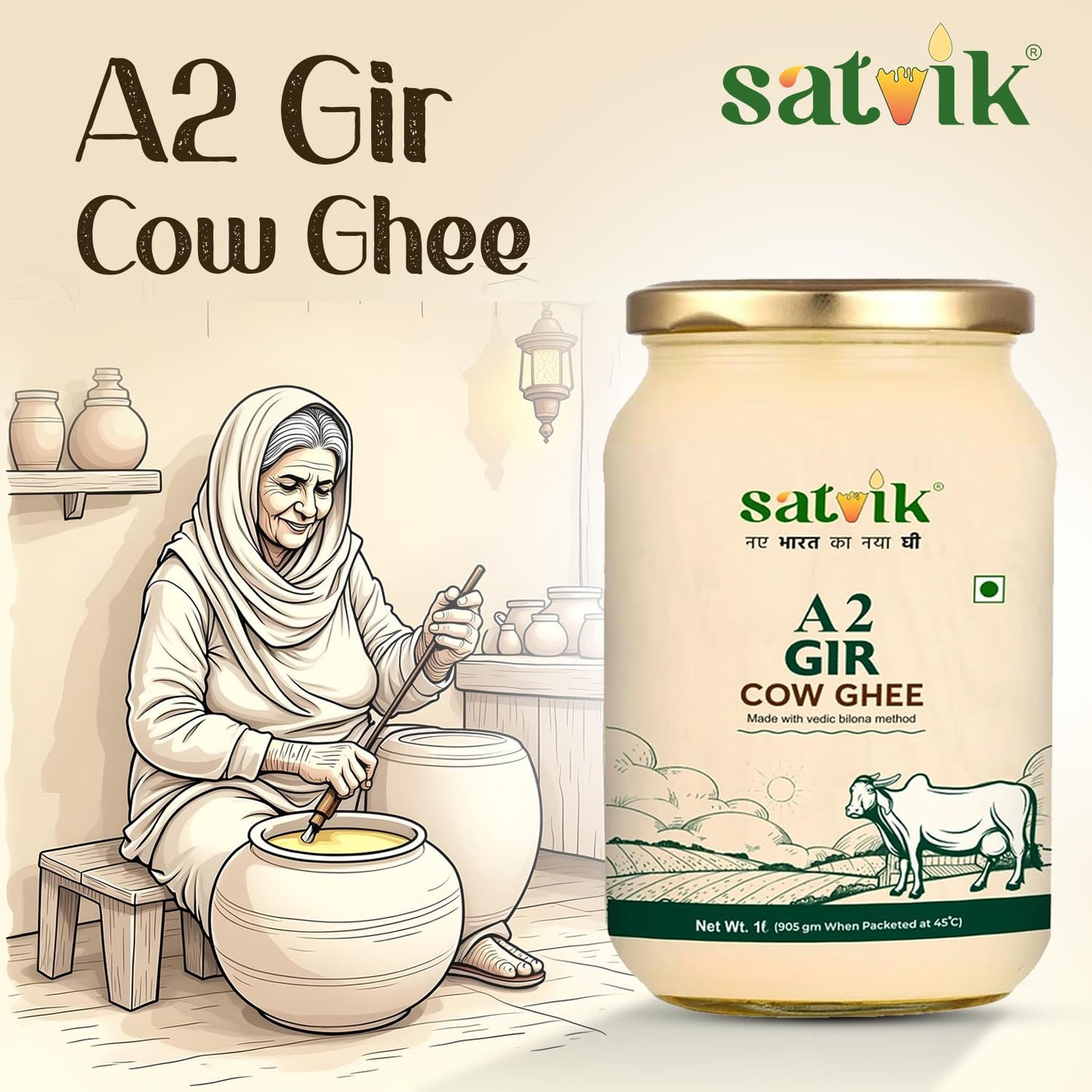 SATVIK PURE GHEE A2 Gir Cow Ghee 1 Litre Churned From Vedic Bilona Method Bilona Ghee A2 Cow Desi Ghee 1 Litre,1.49 Kilograms