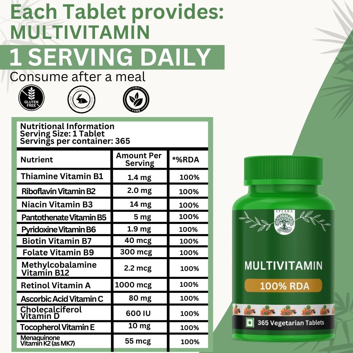 Sylara Plant Based Multivitamin -365 Capsules with Vit A, B1, B2, B3, B4, B5, B7, B6, B9 ,B12, C, D, E, K2 for Men & Women - Supports Immunity, Superfood Detox Boosts Energy - Greens, Herbs, Fruits & Vegetables Tablets Supplements