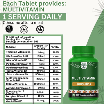 Sylara Plant Based Multivitamin -365 Capsules with Vit A, B1, B2, B3, B4, B5, B7, B6, B9 ,B12, C, D, E, K2 for Men & Women - Supports Immunity, Superfood Detox Boosts Energy - Greens, Herbs, Fruits & Vegetables Tablets Supplements