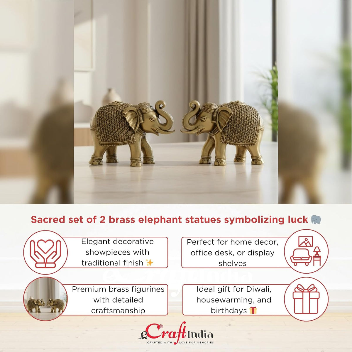 Set of 2 Brass Elephant Statue Decorative Showpiece Gift for Diwali Housewarming Birthday | Elephant showpiece for Home Decor
