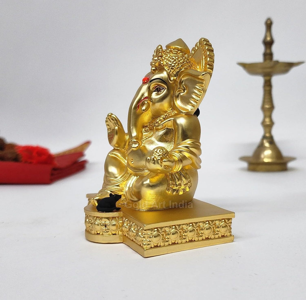 Gold Art India Gold Plated with Gold Matte Gaddi Ganesh Idol for Home Decor Ganesha Murti Ganpati Idol for Office Desk Puja Lord Ganesh Statue for Gifting Ganpati Idol for Mandir Pooja Room Figurine
