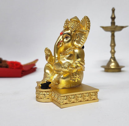Gold Art India Gold Plated with Gold Matte Gaddi Ganesh Idol for Home Decor Ganesha Murti Ganpati Idol for Office Desk Puja Lord Ganesh Statue for Gifting Ganpati Idol for Mandir Pooja Room Figurine