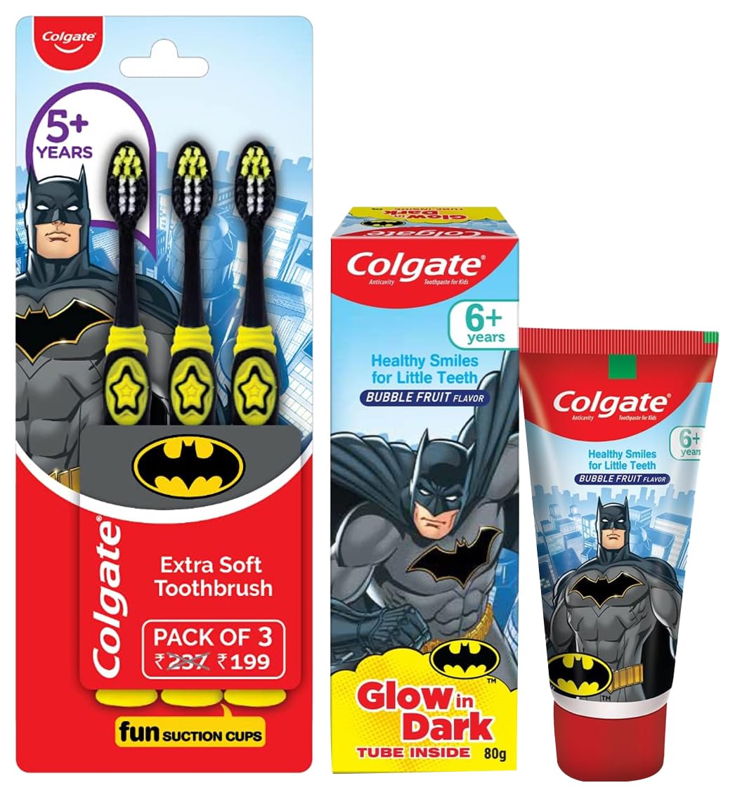 Colgate Kids Batman Manual Toothbrush(Pack of 3,Multicolor) & Colgate Batman Anticavity Toothpaste For Kids - 80g (Bubble Fruit Flavour)