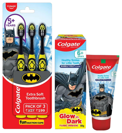 Colgate Kids Batman Manual Toothbrush(Pack of 3,Multicolor) & Colgate Batman Anticavity Toothpaste For Kids - 80g (Bubble Fruit Flavour)