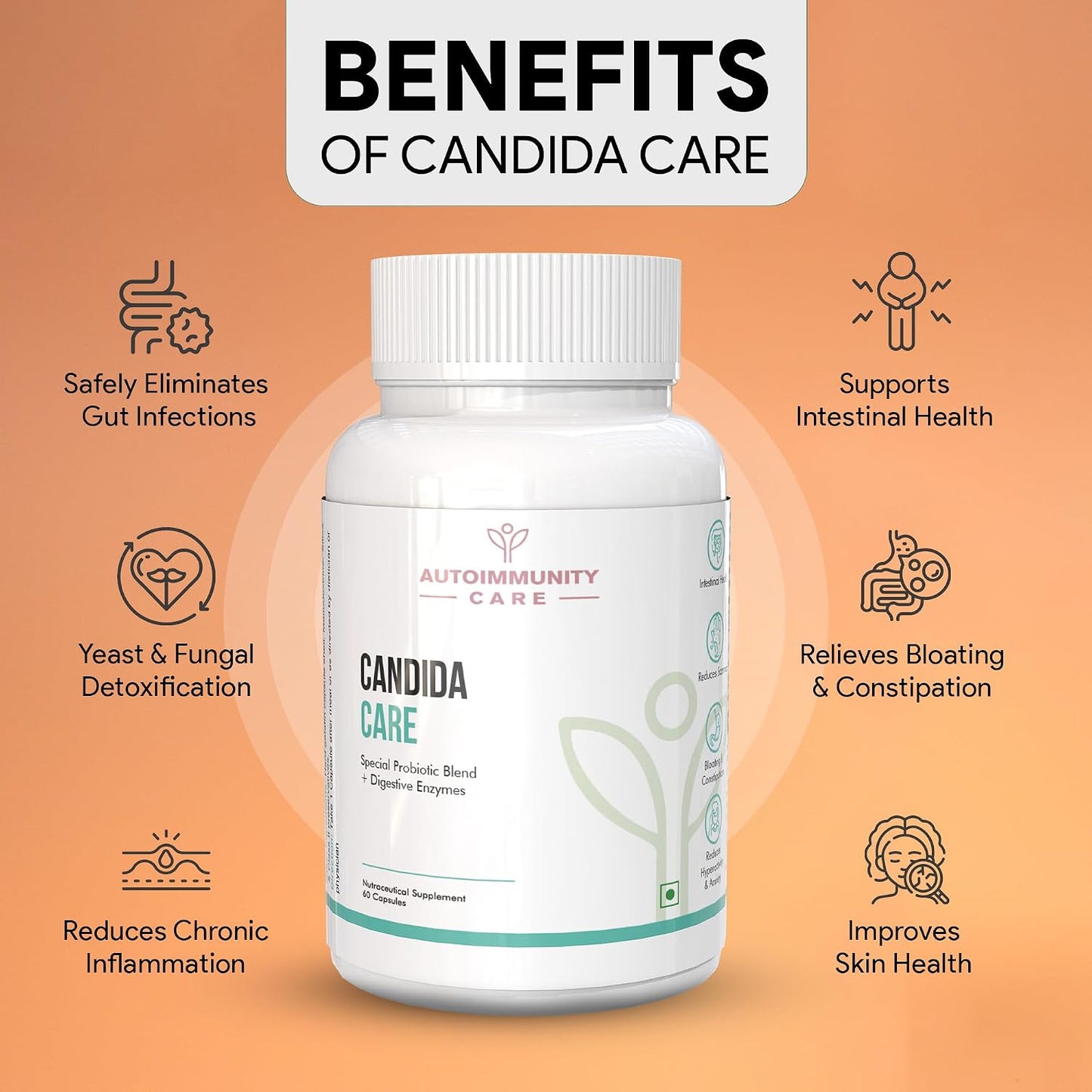 Autoimmunity Care Candida Care – Advanced Probiotics for Candida, Leaky Gut & Gut Health | Probiotics Supplement for Gut Cleanse, Acidity & Bloating Relief | Lactobacillus, Bifidobacterium & S Boulardii | 60 Dose