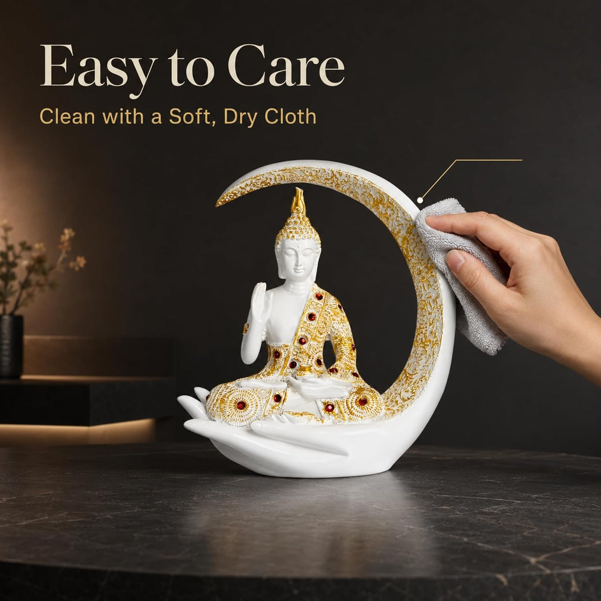 10 Inches 3D Resin Lucky White Crescent Moon Meditating Buddha Statue | Lord Gautam Buddha Idol for Home Decor, Living Room, Office & Gifting