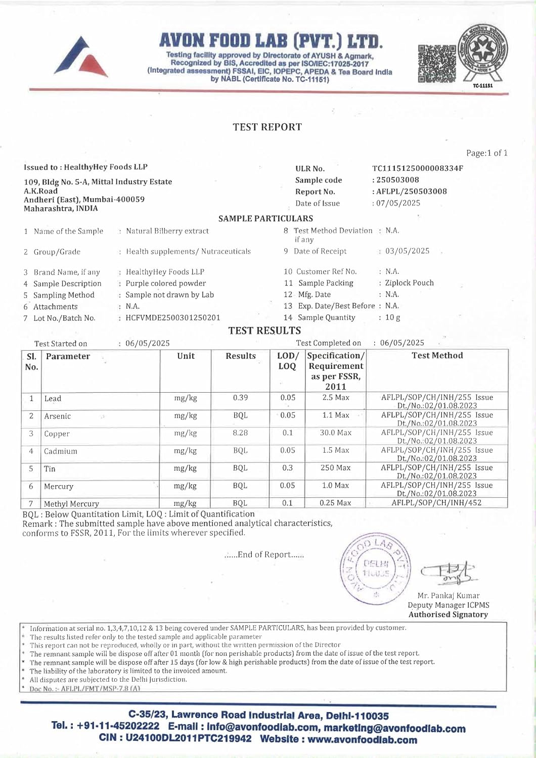Avon Food Lab test report with various parameters and results.