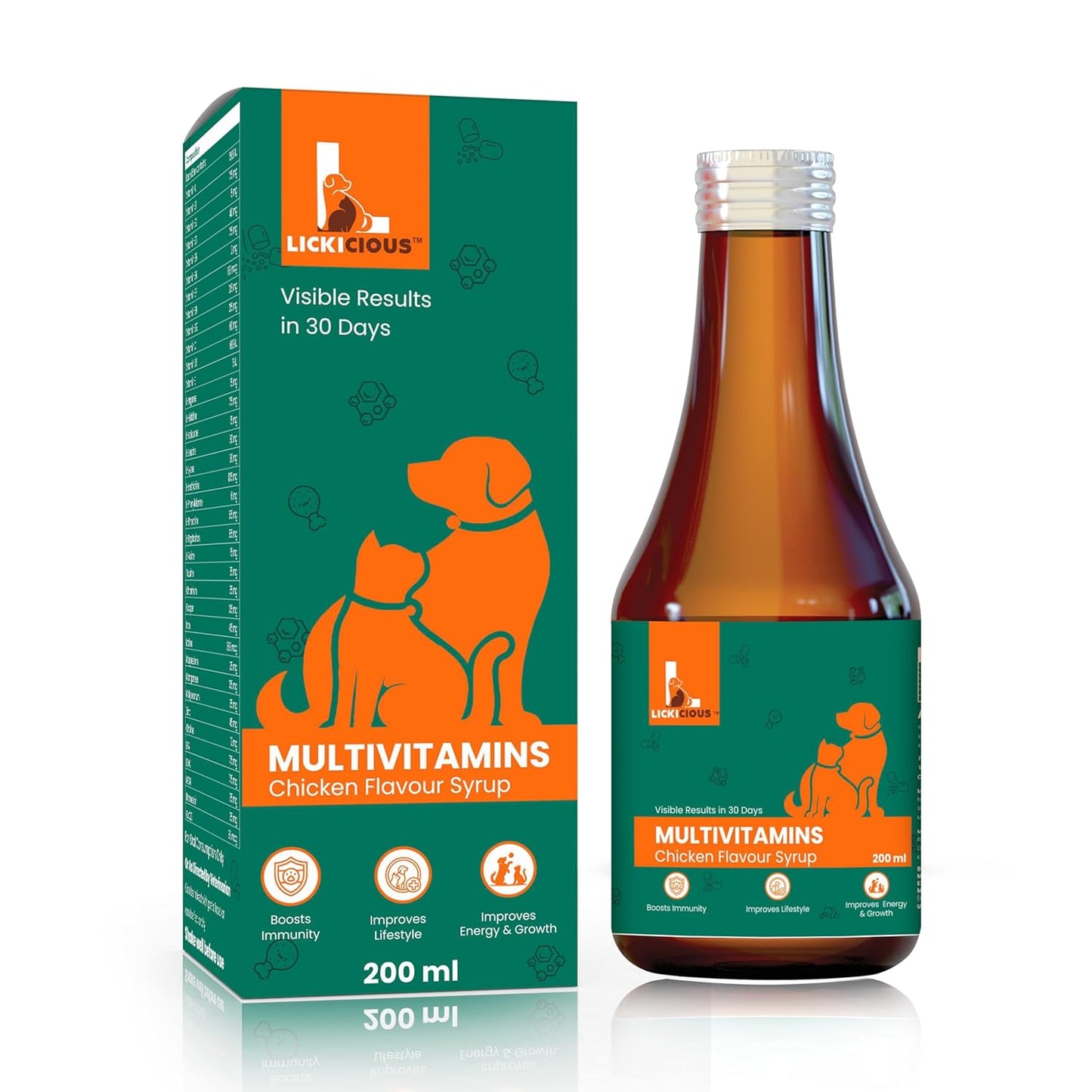 LICKICIOUS Multivitamin Syrup for Dogs & Cats 200ml | 36 Active Ingredients for Improved Energy, Boost Immunity | Vitamins & Minerals for Enhanced Growth | Chicken Flavour Supplement/Tonic for Pets