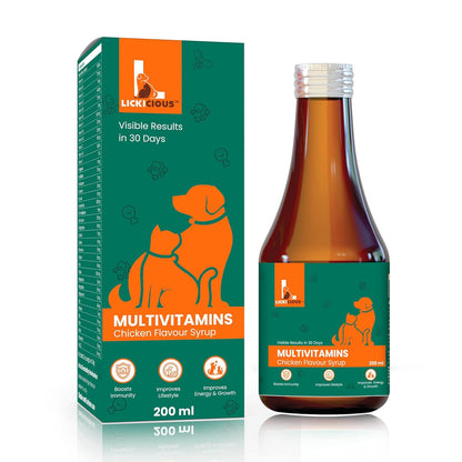 LICKICIOUS Multivitamin Syrup for Dogs & Cats 200ml | 36 Active Ingredients for Improved Energy, Boost Immunity | Vitamins & Minerals for Enhanced Growth | Chicken Flavour Supplement/Tonic for Pets
