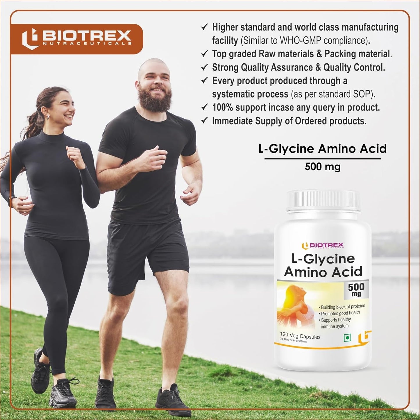 Biotrex Nutraceuticals L-Glycine Amino Acid 500mg Supplement, Supports healthy sleep & immune system, Supports Brain Health 120 Veg. Capsules