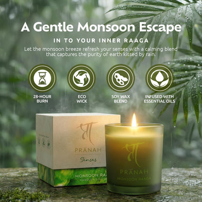 Pranah Monsoon Raaga Aromatherapy Scented Candle | 128g, 28 Hours Burn | Wet Earth & Woody White Floral Notes | Musky Patchouli Oil | Soy Wax, Vegan | Earthy & Sweet Calm