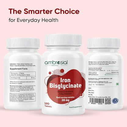 Three bottles of ambrosial Iron Bisglycinate supplement on a pink background with text 'The Smarter Choice for Everyday Health'.