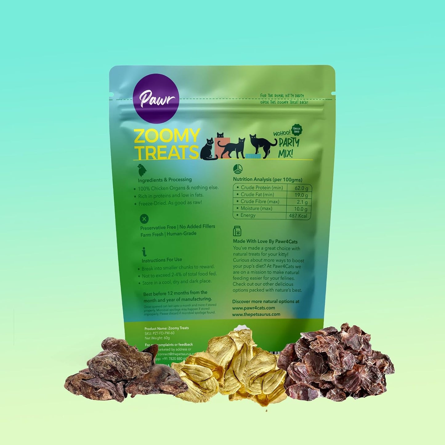 Pawr4Cats | Zoomy Cat Treats | Party Mix Combo | A Mix of Freeze-Dried Chicken Organs | 45 GMS | No Preservatives