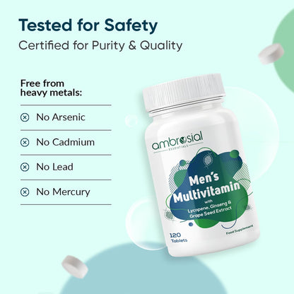 Men's multivitamin bottle with safety certification details on a light blue background