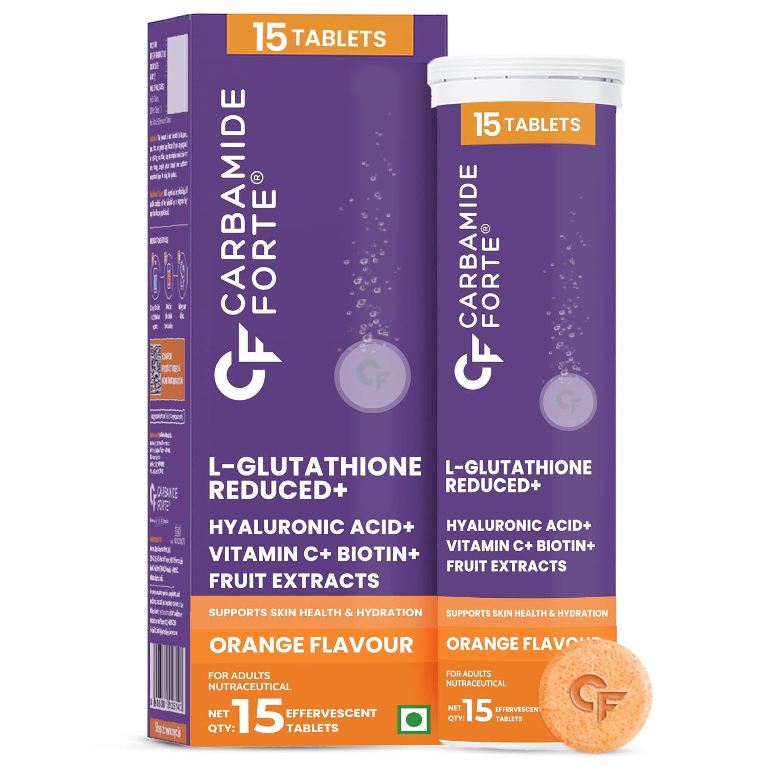 Carbamide Forte supplement packaging with purple and orange design on a white background