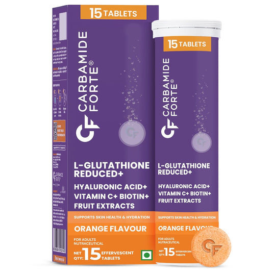 Carbamide Forte supplement packaging with purple and orange design on a white background