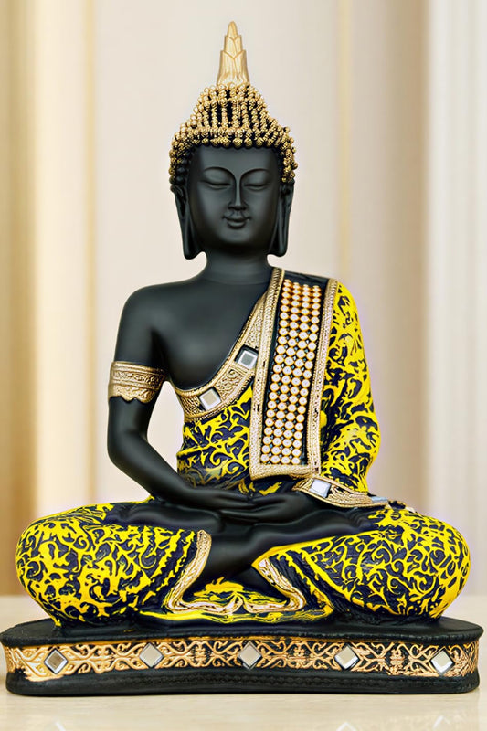 New Limited Edition 25 Centimetre Meditating Sitting Buddha Idol Statue showpiece Home Decor Decoration Items for Living Room and Gifts (Yellow Black)