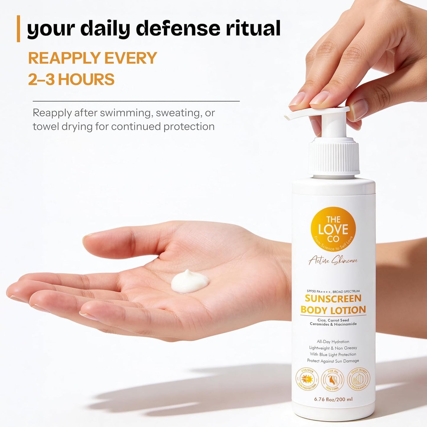 Sunscreen body lotion being applied to a hand with text about reapplication frequency.