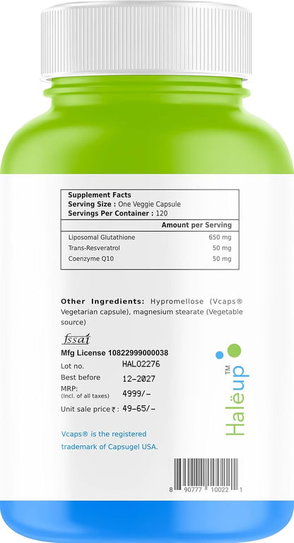 Haleup USA 99% Glutathione with Resveratrol| For Healthy Ageing | Autophagy| Cell Renewal | Immunity| Skin and Hair | Cognitive Support (1 Pack X 120s count)