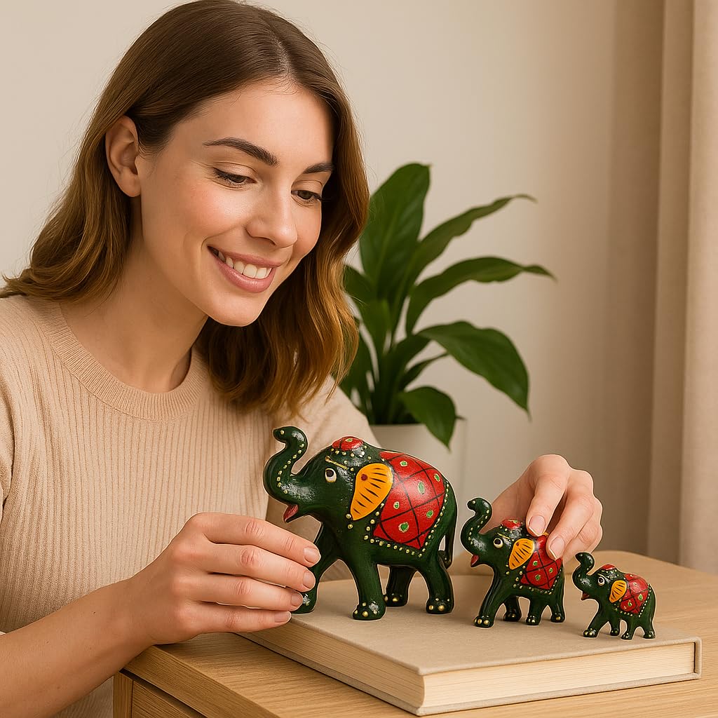 DreamKraft Paper Mache Elephant Showpiece, Standard, Green, 3 Piece, Home Decor, Cultural, Traditional, Festive