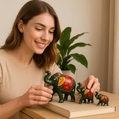 DreamKraft Paper Mache Elephant Showpiece, Standard, Green, 3 Piece, Home Decor, Cultural, Traditional, Festive