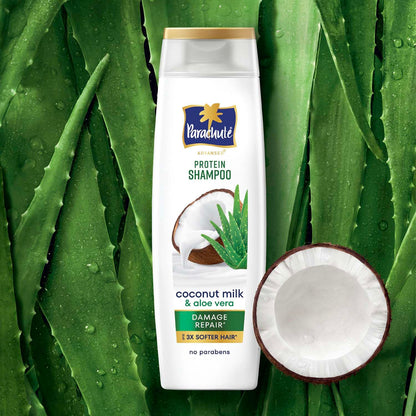 Parachute Advansed Protein Shampoo | with Coconut Milk and Aloe Vera | For up to 100% Damage Repair & up to 3X Softer Hair | Protein Lock Technology | Paraben-Free | For Men & Women | 340ml